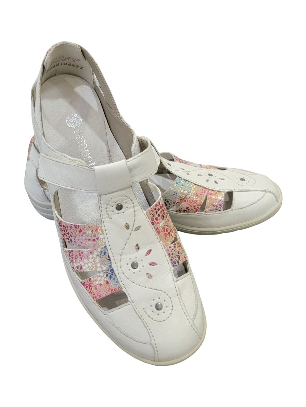 Remonte White Leather Cut-Out Sandals Multicoloured Comfortable Women’s Sz 38 EU
